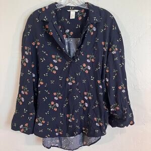 H&M Navy Blue Floral Pattern Soft Blouse Shirt XS‎